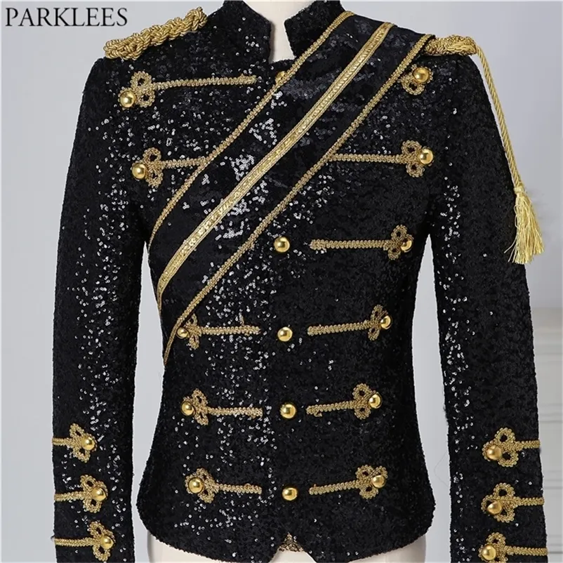 Herren Schwarz Pailletten Steampunk Blazer Jacke Stehkragen Quaste Design Blazer Männer Nachtclub Party Prom Rock'n'Roll Kostüme 3XL 220801