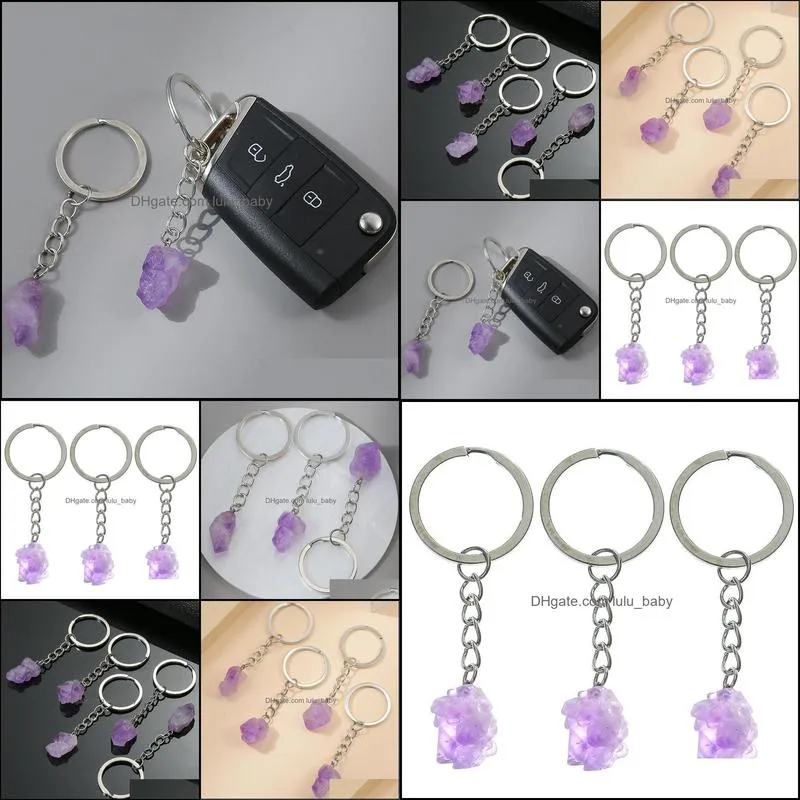 Natural Stone Amethyst Crystal Key ring KeyChain Pendant Keyrings Bag Accessories Jewelry