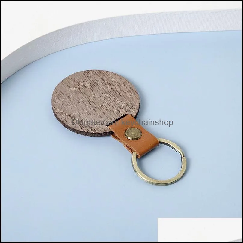 Blank Leather and Wood Keychain Rectange Round Wooden Key Ring for Personalized Engraving Carving Luggage Decoration