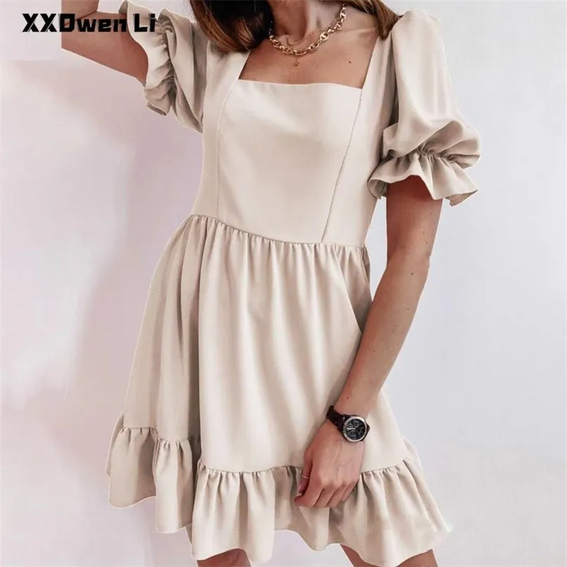 Party Dresses Summer Pure Color Puff Short Sleeve Mini For Women Casual Square Collar Patchwork Ruffles Dress Elegant Office Lady 220513