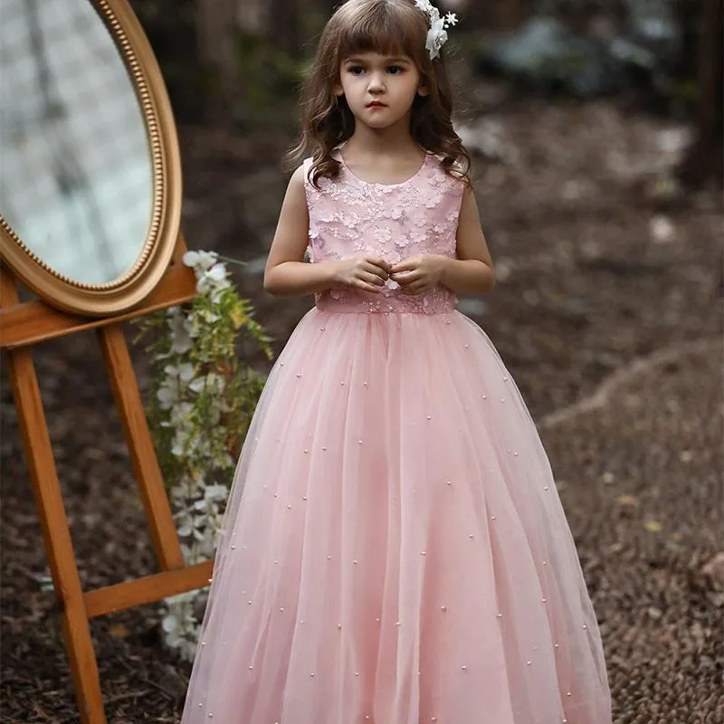 Girl's Dresses Children's Wear High-end Girls Long Dress Satin Bow Puffed Yarn Princess Flower Girl Wedding Party Teenager ClothesGirl's