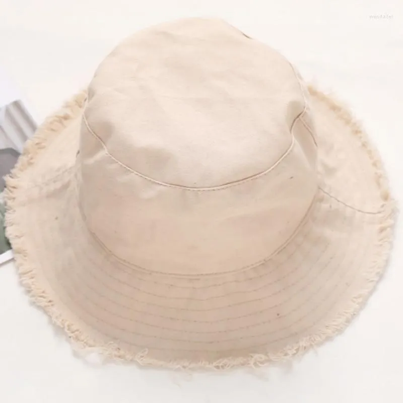 Berets Wide Brim Distress Bucket Hat For Women Girl Spring Summer Large Panama Outdoor Lady Cotton Fishing Cap Fisherman Sun HatBerets Wend2