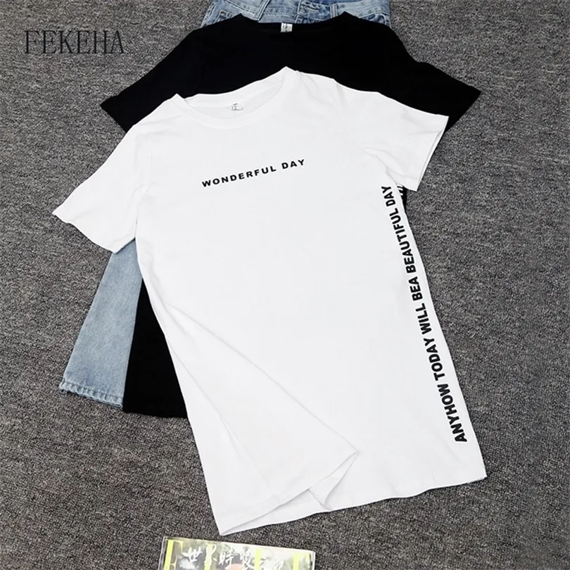 FEKEHA Sommer T-Shirt Frauen Seite Split Sexy Lange T-shirt Frauen Neue Brief Drucken Schwarz Weiß Baumwolle Harajuku Tops 210311