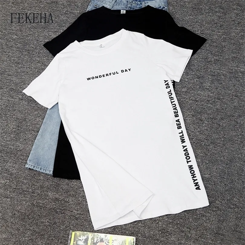 FEKEHA T-SHIRT SUMPLEIRA MULHERM LADE SPLIT SEXY LONG LONG Women Women Letter Print Black White Cotton Harajuku Tops 210311