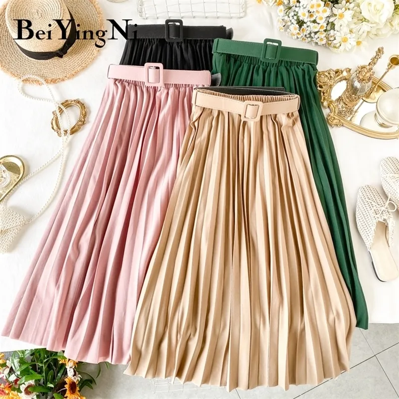 Beiyingni Koreanischer Stil Plissee Midi Rock Frauen Casual Mode Hohe Elastische Taille Röcke Schwarz Rosa Eleganter Rock Gürtel Saias 210311