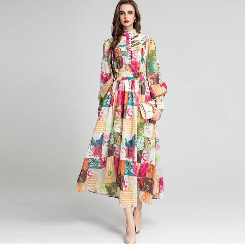 Women's Runway Dress Stand Collar Long Sleeves Printed Elastic Waist Elegant High Street Fashion Vestidos