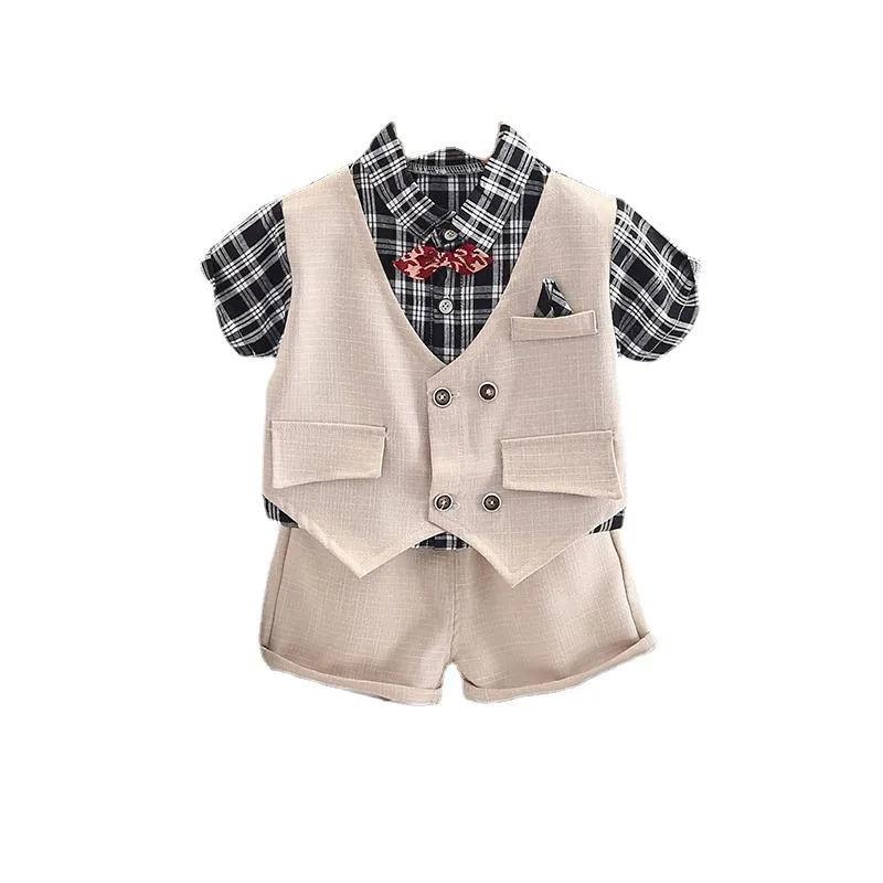 Clothing Sets Toddler Boys Plaid Short-sleeved Summer Birthday Set Baby Handsome 1-5 Years Old Fake 2pcs Blazer Shorts Bow Tie SetsClothing