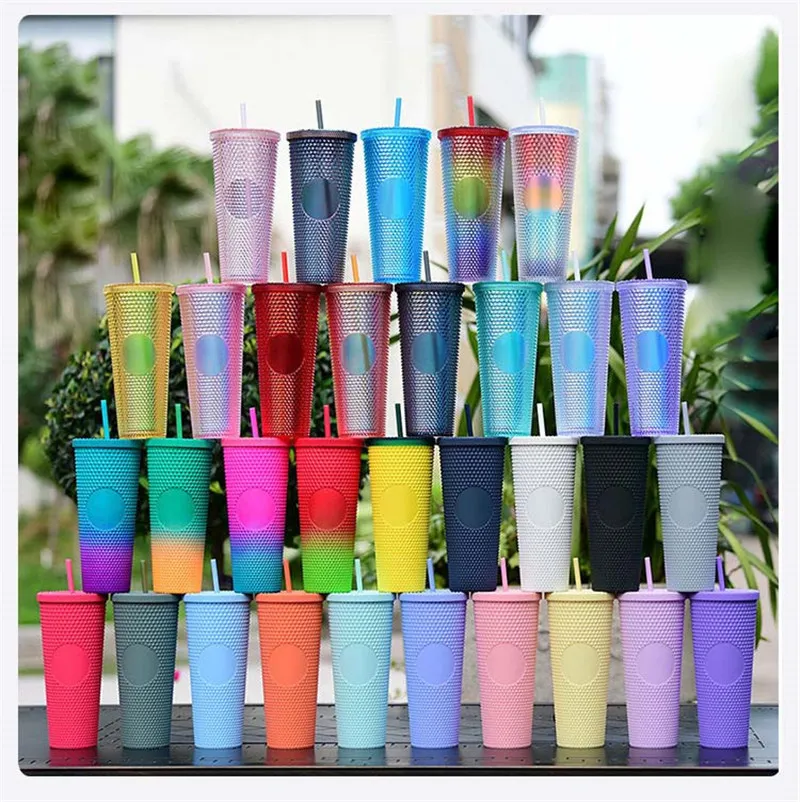 Tumblers Factory Direct Supply Dubbele laag plastic stro Cup grote capaciteit Creatieve 710 ml Durian draagbare diamanten cup kan worden aangepast met logo-stijl