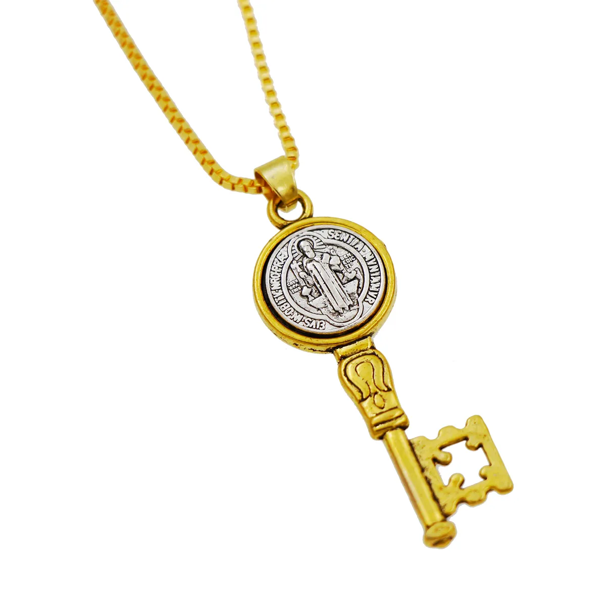 St Benedict Medal Cross Key Pendant Halsband Mäns Halsband 42x14.6mm Antik Silver Exorcism och Guld N1692 Celtic Katolska Religiösa Smycken