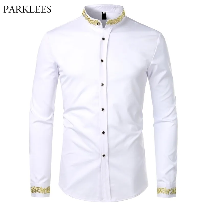 Gouden borduurwerk wit shirt mannen merk stand kraag heren jurk shirts casual slanke lange mouw chemise homme camisa masculina 220322