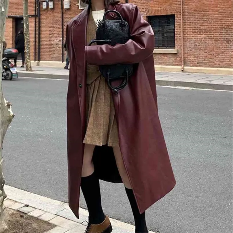 Lautaro Automne Long Surdimensionné Vin Rouge Trench-Coat En Cuir Pour Femmes À Manches Longues Revers Lâche Casual Élégant Mode Coréenne 210908