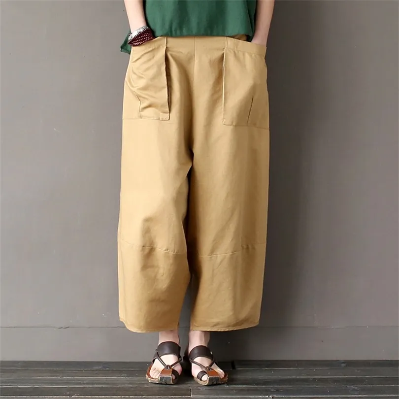 Johature 2019 Wide Leg Loose Women Pants Big Bockets Linho de algodão Casual Casual Loose Trouser T200319