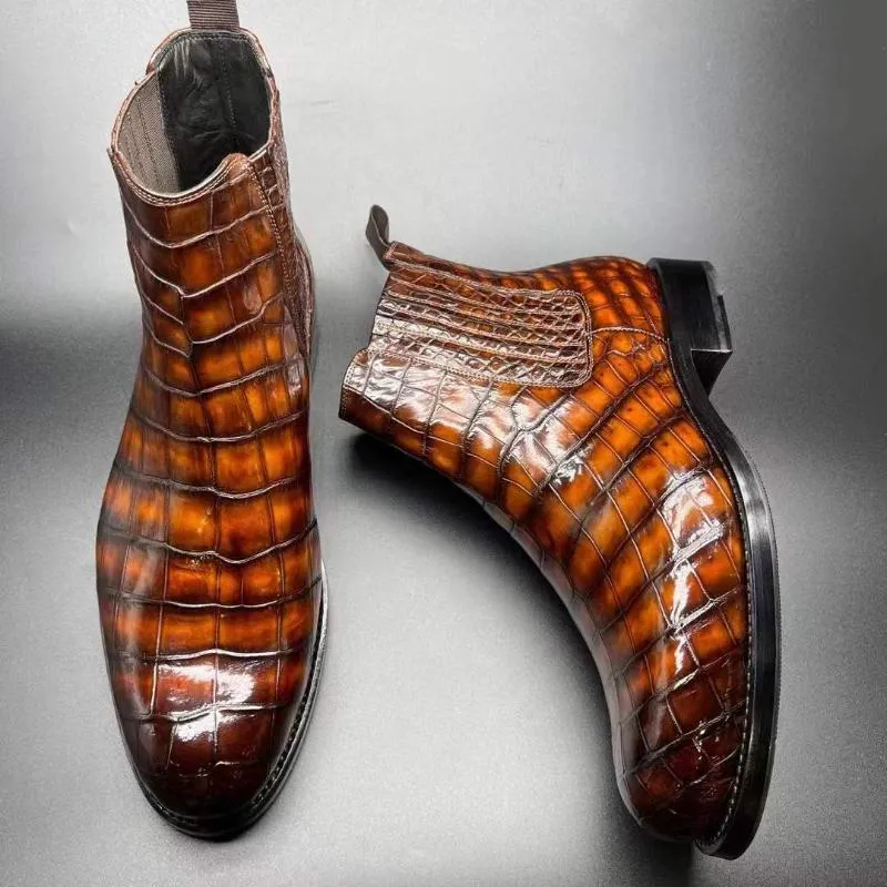 2025 bottes Chue arrivée hommes chaussures en cuir de Crocodile mâle ventre couleur de la peau frottant Orange marron