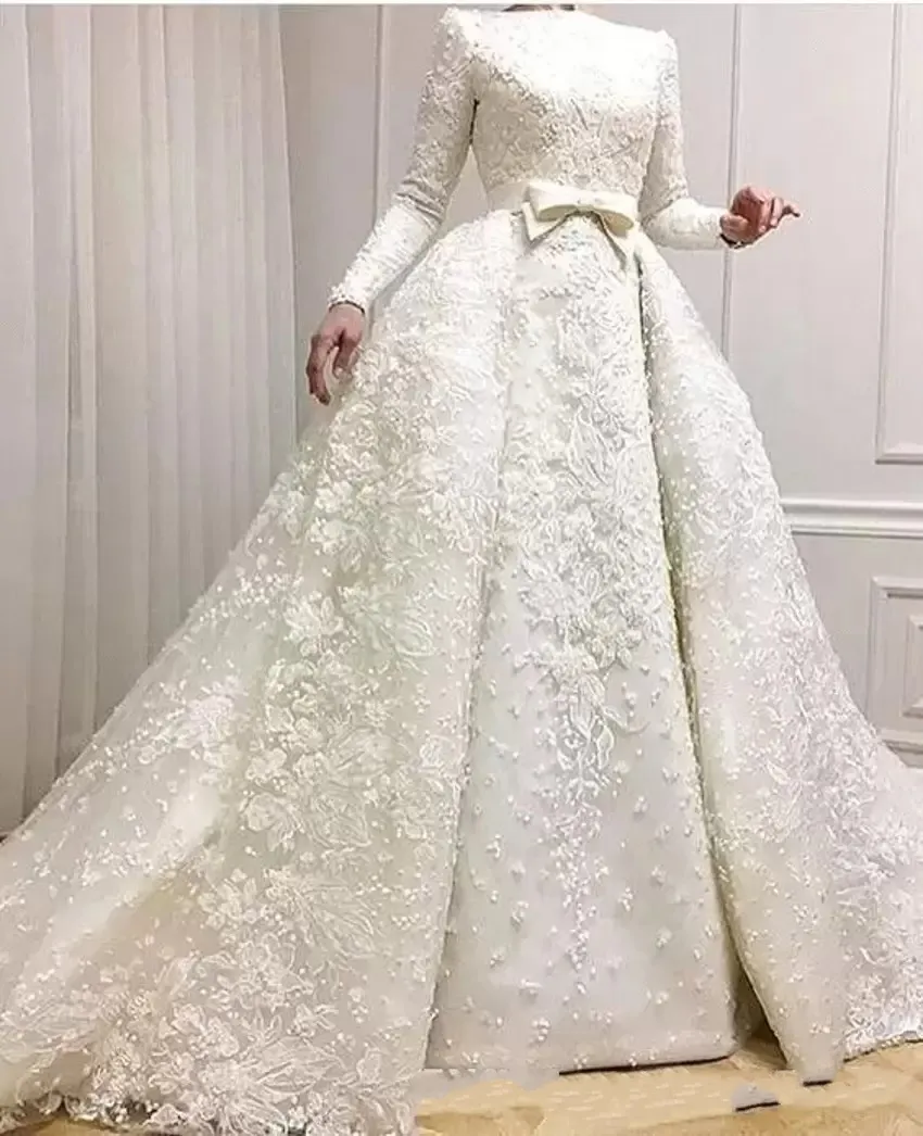 2022 abiti da sposa musulmani modesti maniche lunghe in pizzo con applicazioni di perline abiti da sposa con sopragonne abiti da sposa BA9362 B0518213