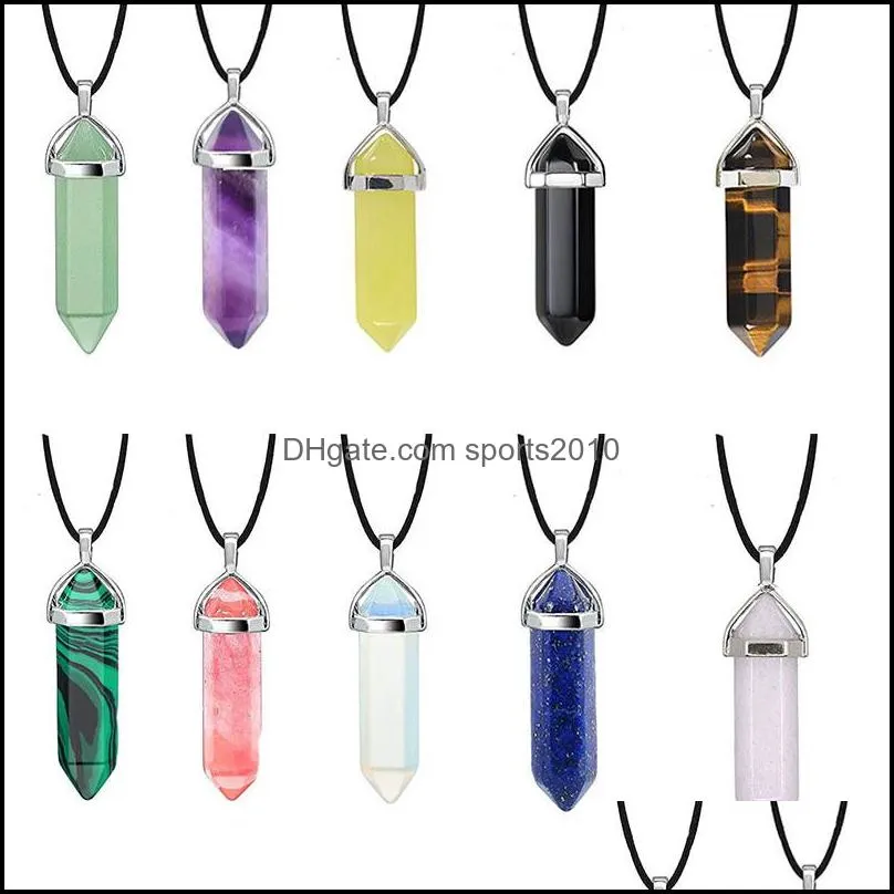 Konst och hantverk Natural Stone Hexagonal Column Pendant Quartz Point Halsband Black Rope Chain Wholesal Sports2010 Drop Deli DH19B