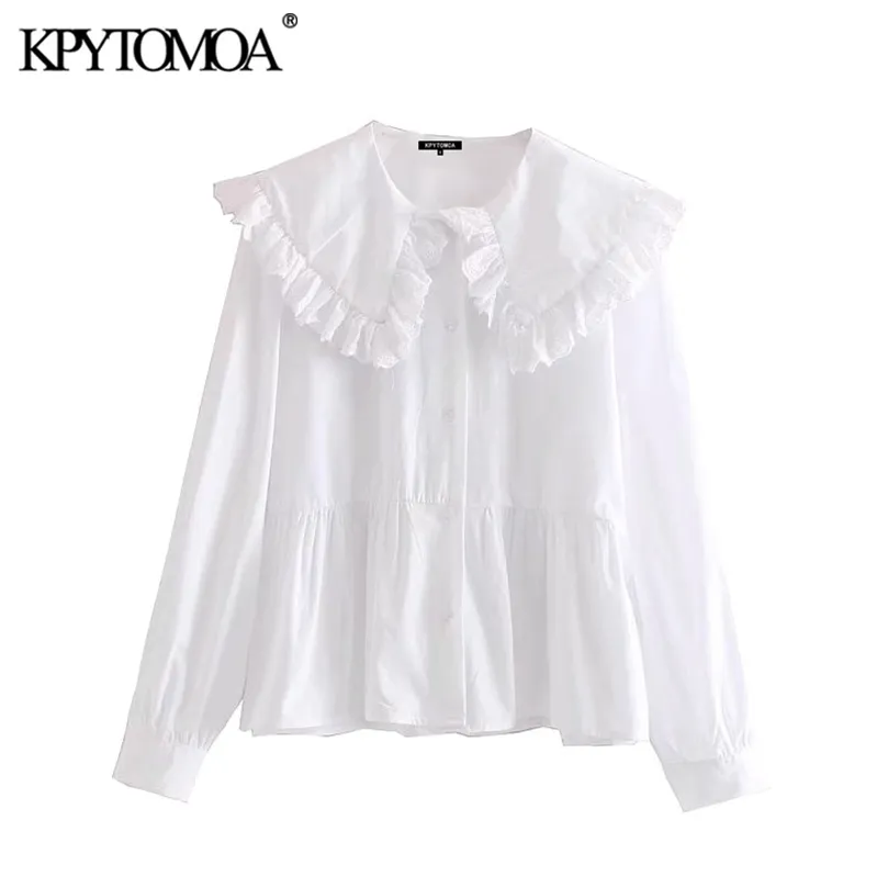 KPYTOMOA Frauen Süße Mode Mit Peter Pan Kragen Rüschen Blusen Vintage Langarm Button-up Weibliche Shirts Chic Tops 210308