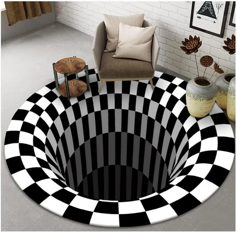 3D redondo tapete non deslizar preto branco linhas espiral tapete sala de estar quarto estudo macio chão mat decoração