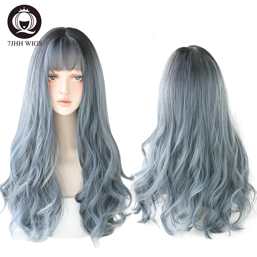 7JHH Blue Wavy Synthetic Wigs Long Omber Corche Hair With Bangs For Women Heat-Resistant African American Daily Wear Full Wigfactory direct