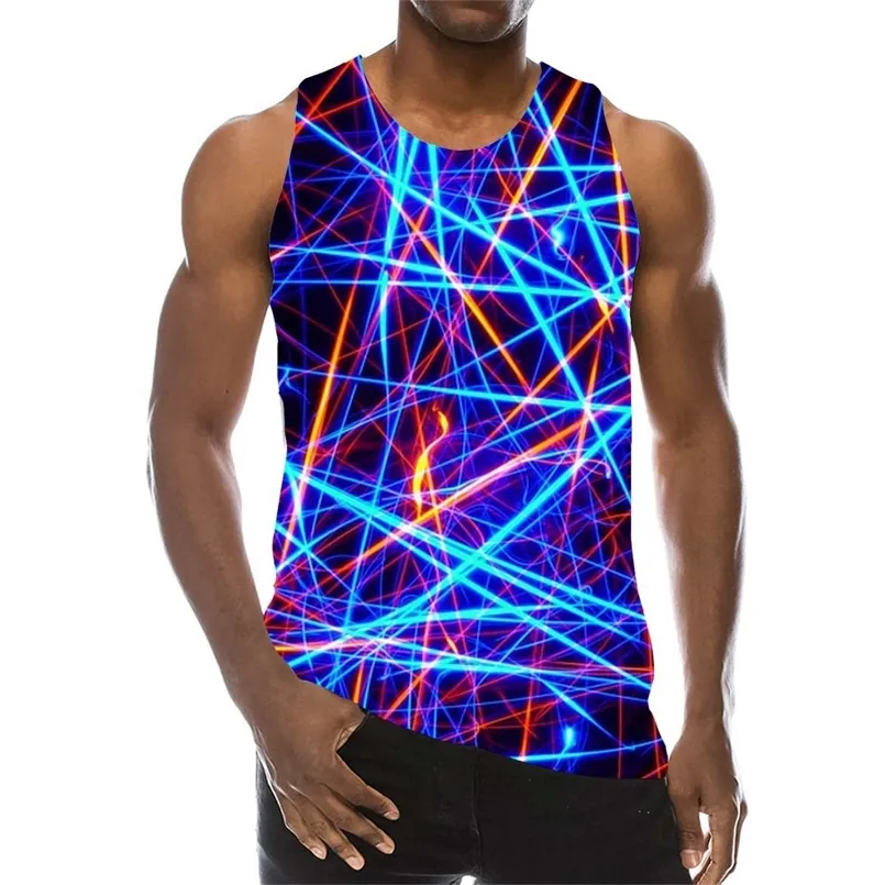 Blauwe lijnen tanktop voor mannen 3D print psychedelisch mouwloos patroon grafisch vest streetwear nieuwigheid hiphop tees 220425