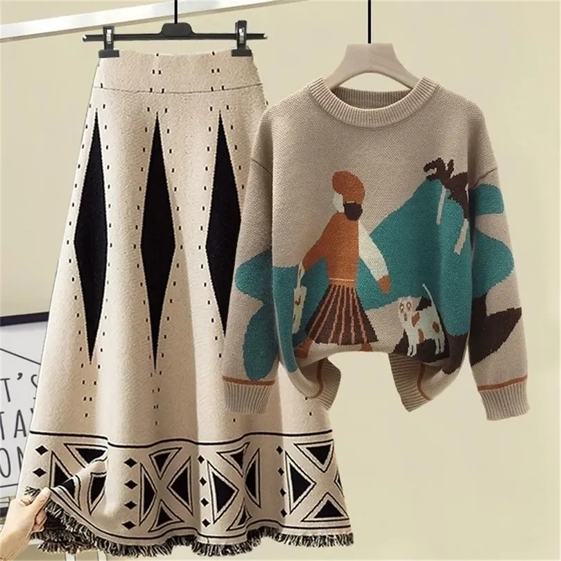 Vintage Jacquard Fransed Sticka kjol Kvinnor Hög midja Stretch Loose Plus Size 4XL Long Korean Tassel Wild Daily Striked 220401