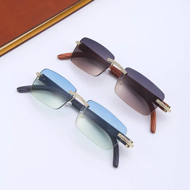 Special Rimless Sunglasses Metal Hinge With Rhinestones And Wood Grain Style Plastic Legs