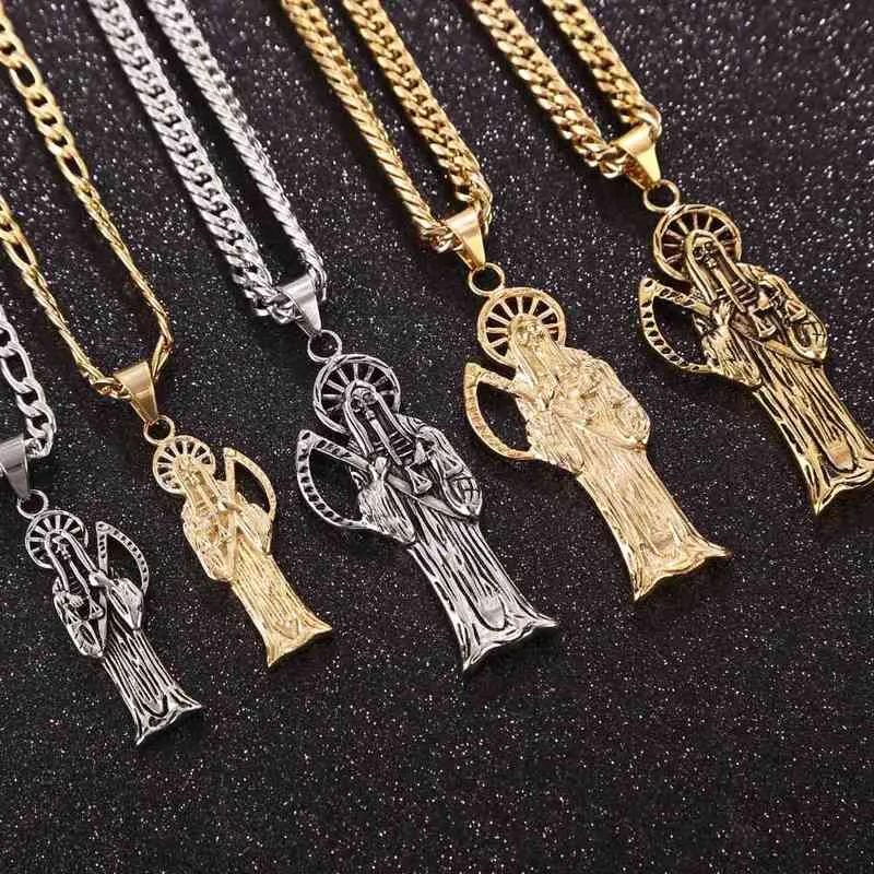 316L Stainless Steel Holy Saint Death Santa Muerte Pendant With 9MM Chain Men's Necklace Gold Tone DIY Jewelry Making Gifts
