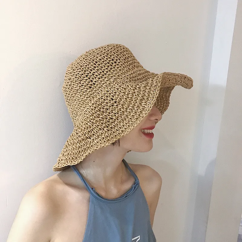 فتاة الصيف قابلة للطي نساء دلو القبعة امرأة مصنوعة يدويا القش قبعات الظل للمرأة قبعات الشاطئ عتيقة