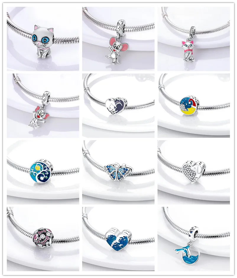 New S925 Sterling Silver Sinchedir contas soltas gatos e mouse jóias femininas DIY Presente Original Fit Pandora Bracelet Charms Charme Acessórios pendentes de moda de moda