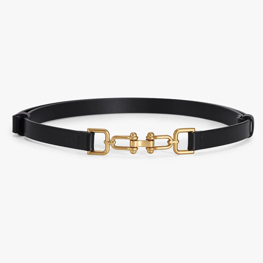 Light Luxury Niche Retro Gold Buckle Leather Thin Belt Top Layer Cowhide Adjustable Length Decorative Belt Fashion Accessories