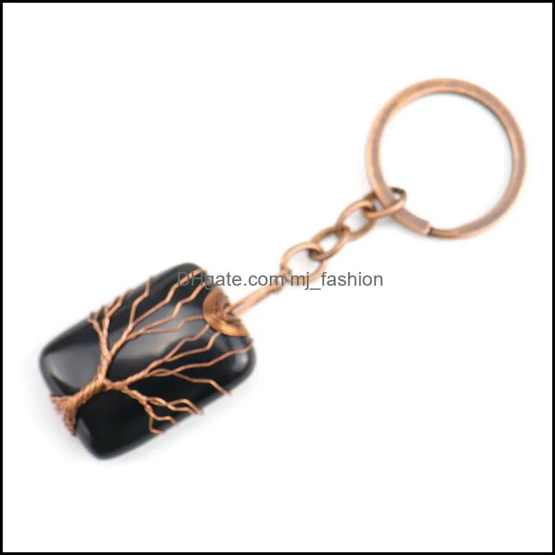 retro handmade tree of life key rings rectangle natural stone healing crystal quartz keychain keys chain key rin mjfashion