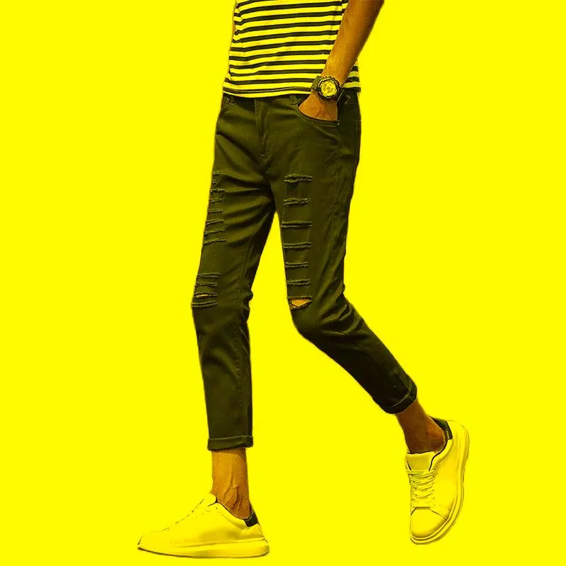 Calça masculina atacado 2022 moda casual hip hop adolescentes rasgados jeans masculinos finos e elásticos de verão jovens estudantes de harém