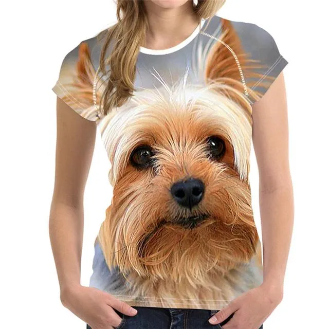 T-shirt feminina moda de algodão fofo cachorro cão 3d estampa mulher menina animal harajuku o pescoço de manga curta Summer Topwomen's