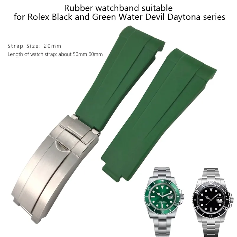 20 mm Gummi-Uhrenarmband, Schwarz, Grün, Blau, Weiß, verstellbare Faltschließe für Rolex Submariner GMT OYSTERFLEX-Armband 220624