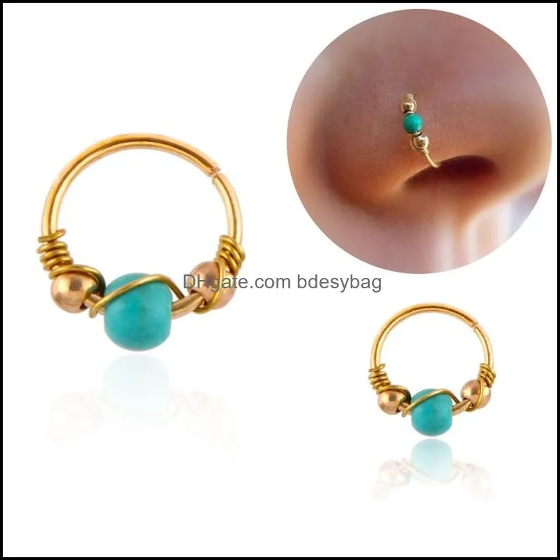 Nose Rings Studs Bohemia Turquoises Beads Piercing Cartilage Surgical Steel Septum Clickers Love Ring Body Jewelry Dro Bdesybag Dhehx