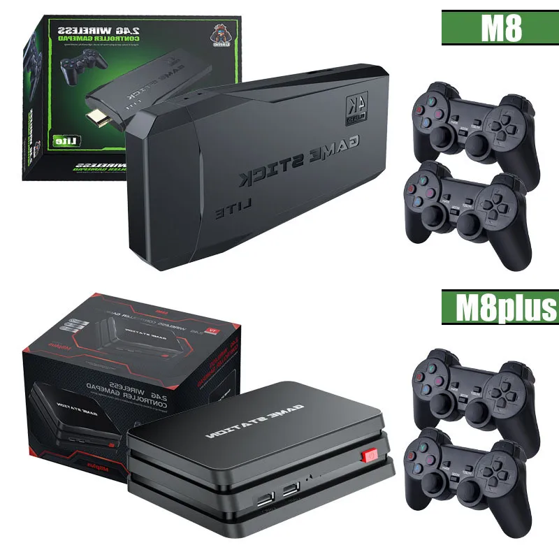 M8 Plus et Consoles de jeux vidéo Contrôleur sans fil 2.4G 10000 Jeu Console portable rétro 64 Go avec bâton de jeux sans fil