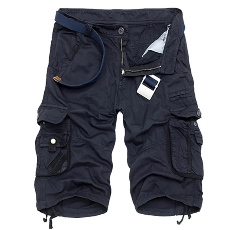 Summer Cotton Men Fashion Multi Pocket Solid Color Causal Mens Loose Outdoor MID Cargo Shorts No Belt 220610