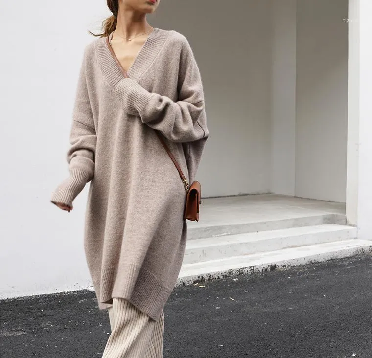 Casual Dresses Oversized Dress Autumn Winter Fashion Knitting V-neck Thick Sweater Women YOU757