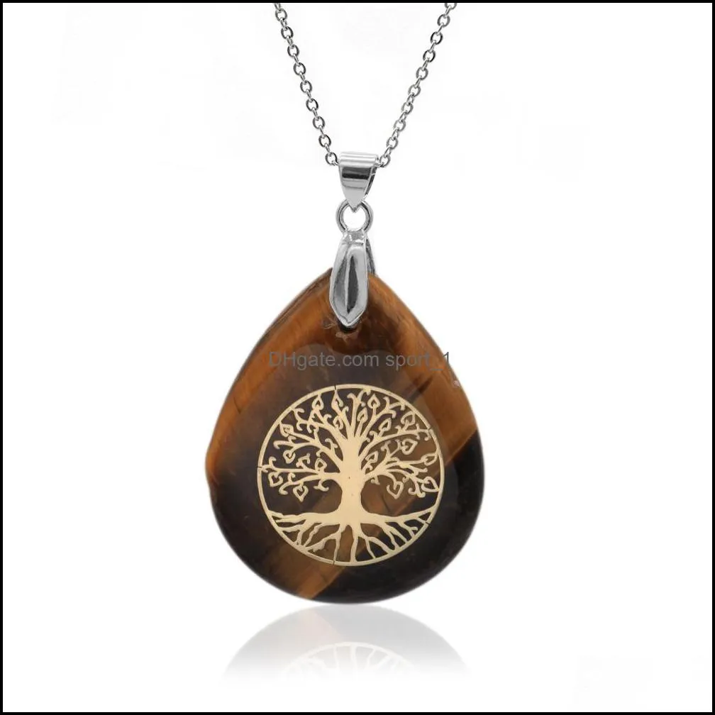 Life Tree Teardrop Gemstone Pendant Necklace Natural Stone Quartz Pendants with Plated Chain 18 inch Women Jewelry Gifts