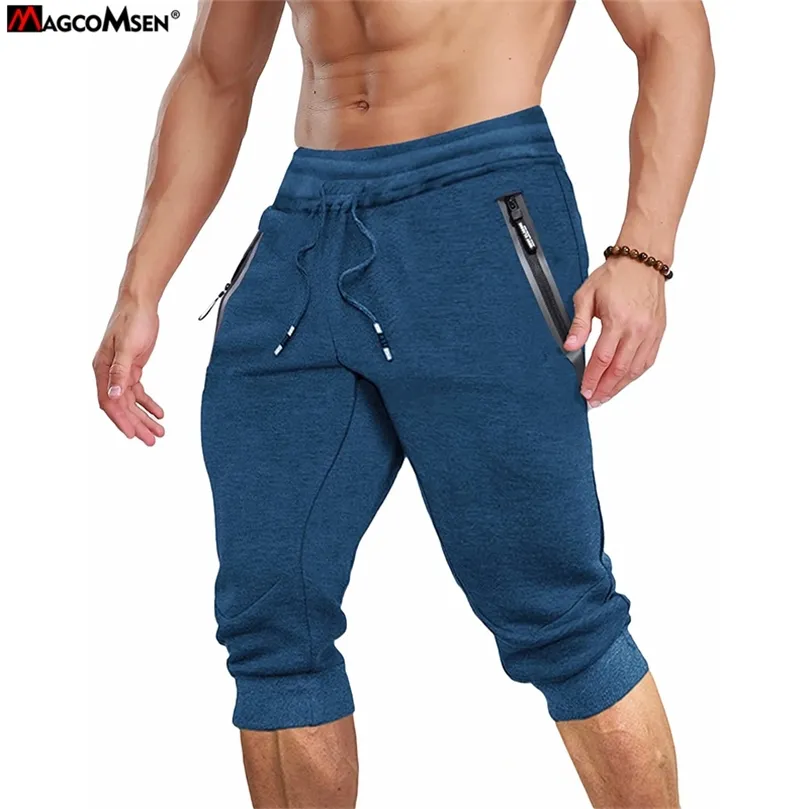 MAGCOMSEN Summer Joggers Mens Below Knee Sweatpants Training Fitness Gyms Pants Zip Pocket Drawstring Elastic Waist Track 220622