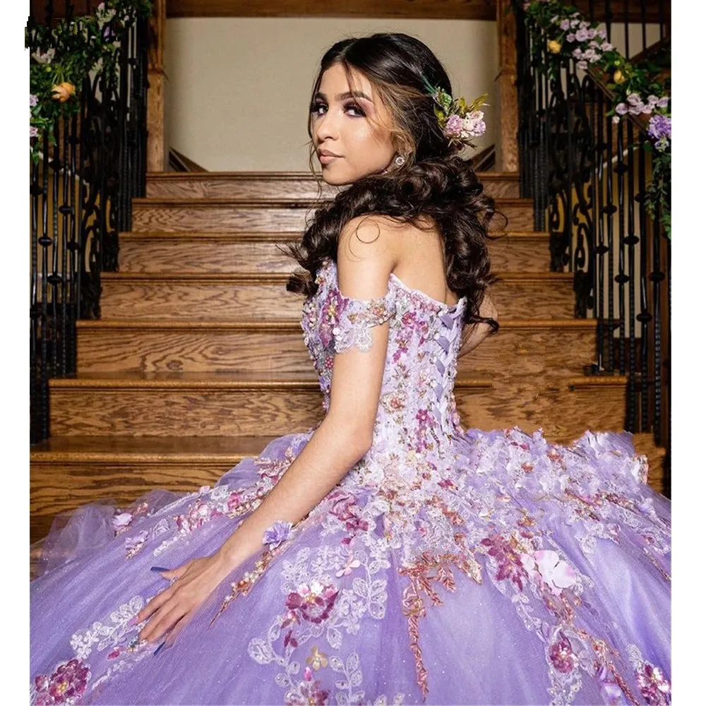 Abito da ballo gonfio con perline viola Abiti stile Quinceanera Perline Abiti da spettacolo dolce 16 Abiti vestido de 15 anos