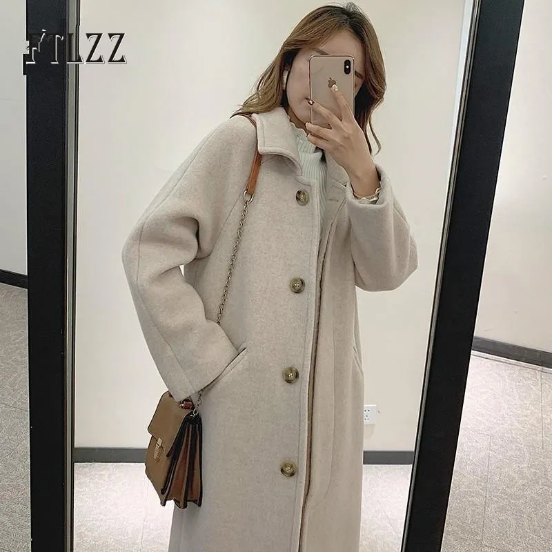 Damer Medium Long Korean Style Wool Coat Spring Autumn Turndown Collar Black Outerwear Women Slim Coats Abrigo Mujer 201102