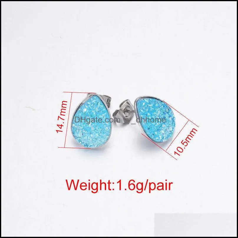 designer waterdrop resin druzy drusy stud earrings teardrop stainless steel handmade studs for women jewelry