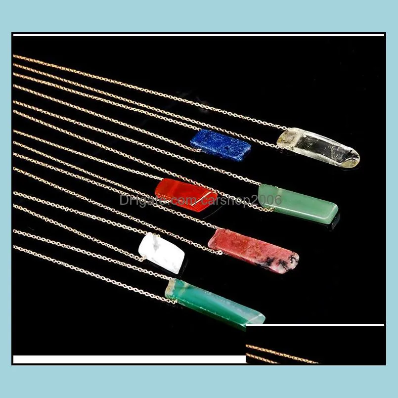 natural stone strip bar necklace rose red blue amethyst crystal green aventurine rectangle stainless steel necklace carshop2006