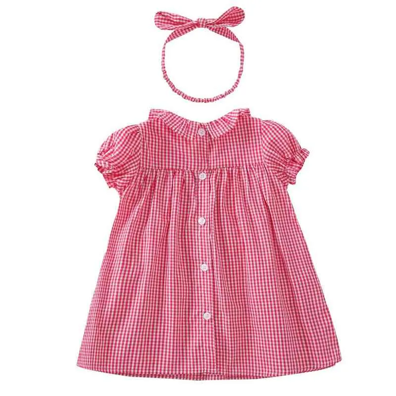 Neue Sommer-Babykleidung für 0–2 Jahre alte Mädchen, kurzärmeliges kariertes Kleid und Stirnband