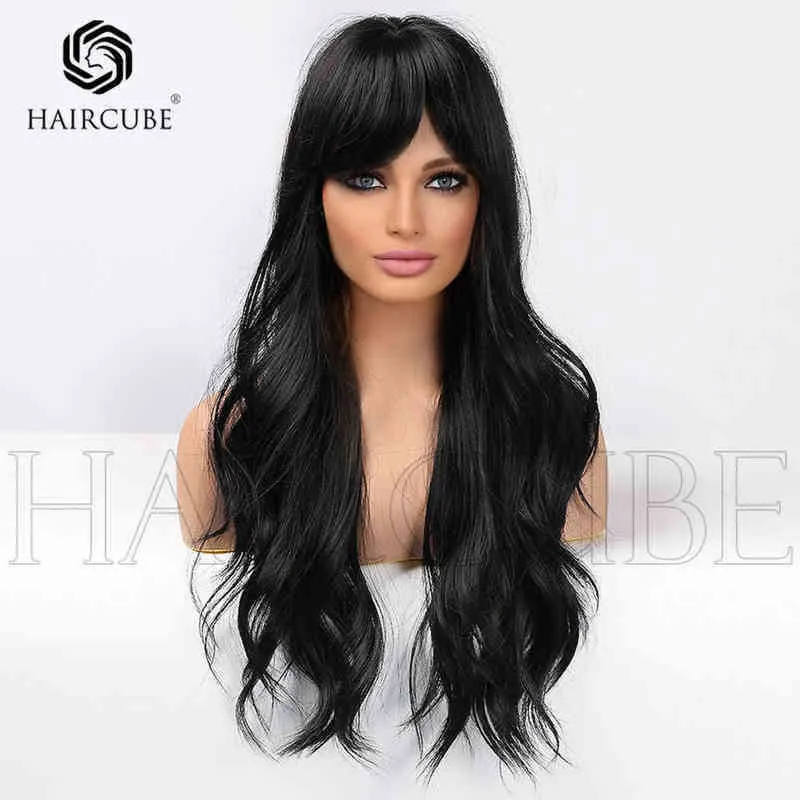 Perucas sintéticas Estilo de alta temperatura Material sintético de seda feminina Black Qi Bangs Long Wavy Curls Aplicação diária 220531