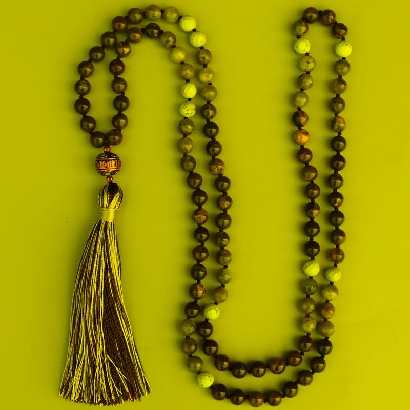 Pendant Necklaces 108 Beads Mala Necklace Women 8MM Flower Onyx & Labradorite Natural Stone Knotted Long Tassels Nepal JewelryPendant