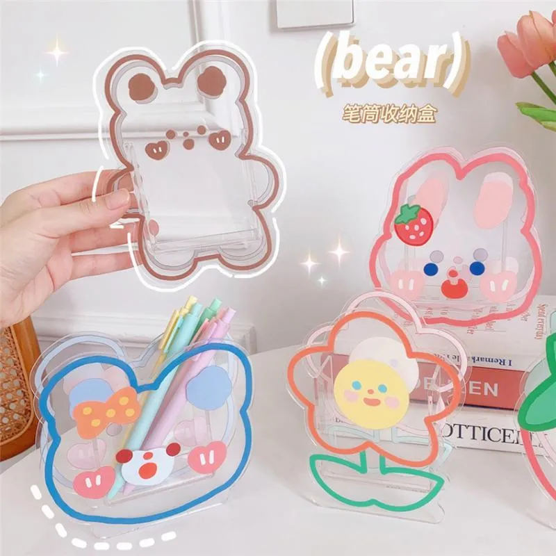 Kosmetiska väskor fall koreansk björn akryl penna hållare skola brevpapper flickor söt jordgubb skrivbord makeup borst penna arrangör lagring b b