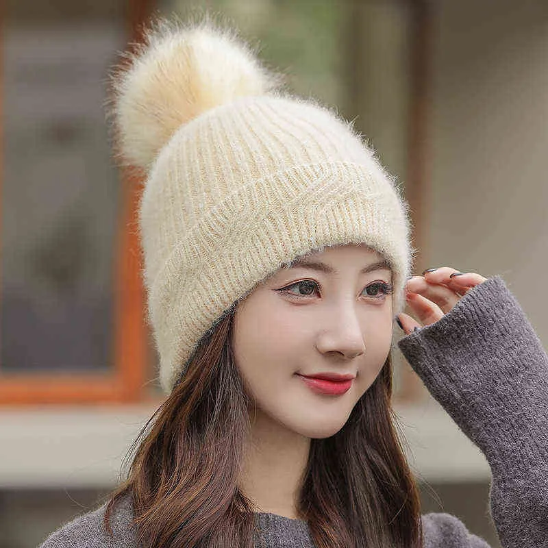 Cokk Kış Şapkaları Kadınlar için Knited Beanie Tavşan Kürk Ponpom Pullu Kalın Velvet Sıcak Kulak Koruma Çift Katmanlı Soğuk Kanıt J220722