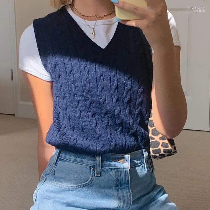 Automne 2022 Chandards pour femmes Preppy Style Crop Tops Girl Sweater Vest Femme Jumper V Neck Pullover Vêtes en tricot