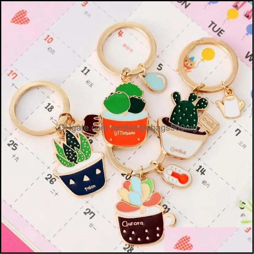 Enamel Cactus keychains women Succulent Potted keychain beach style hat rings creative car key holder cute key finder bag rings 214 S2